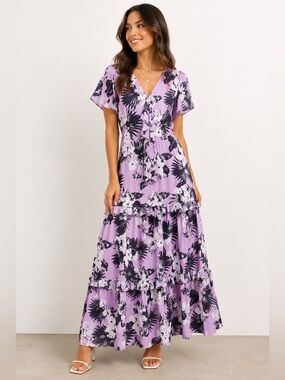 Viva Aviva Lilac Floral Ruffle Tiered Maxi Dress US 0